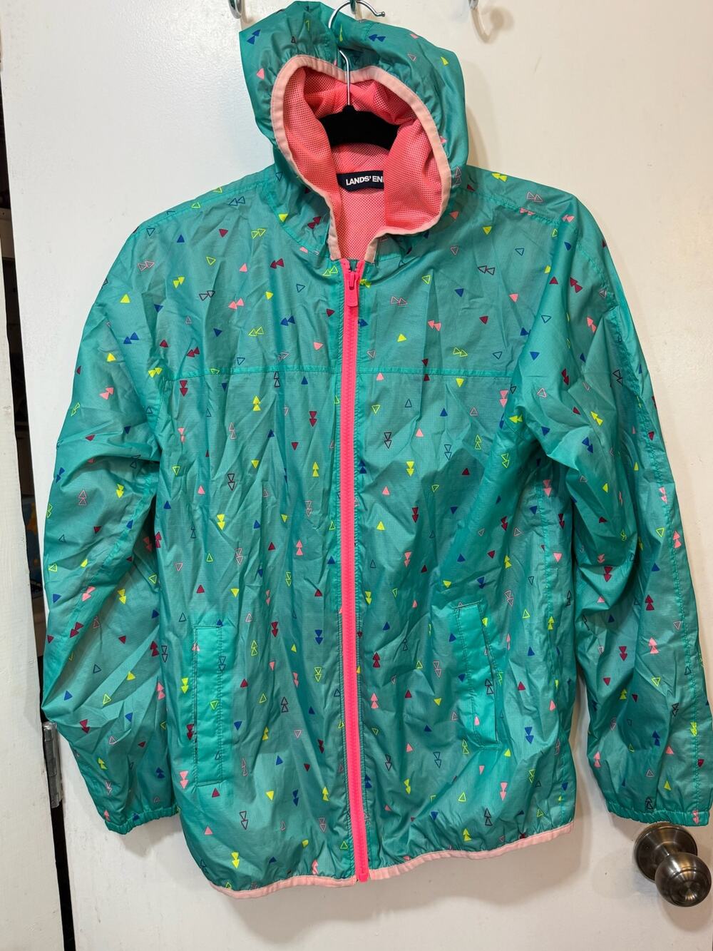 Lands' End Kids Waterproof Rain Jacket teal geometric pattern Size L 14-16